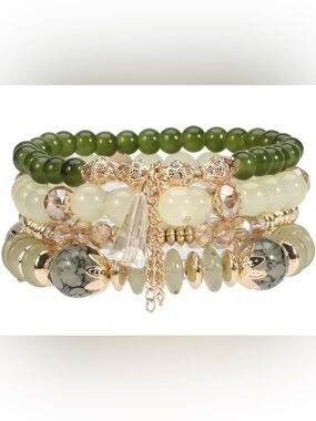 New! Green/Gold Multi with Charm Beaded Stackable Bracelet Set (NWT)